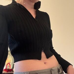 wild fable Black Cropped Ribbed V-Neck Zip Sweater